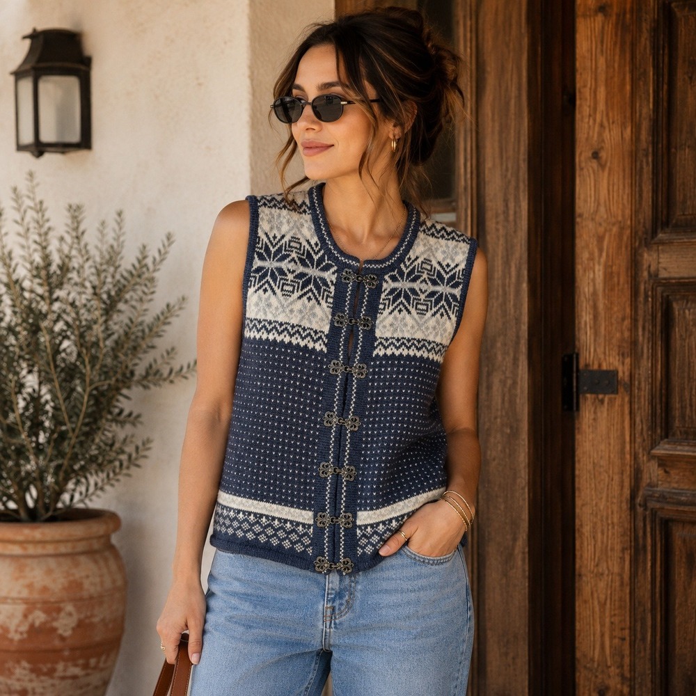Vtg Marsh Landing Womens M Blue Fair Isle Nordic Knit Sweater Vest Metal Clasps